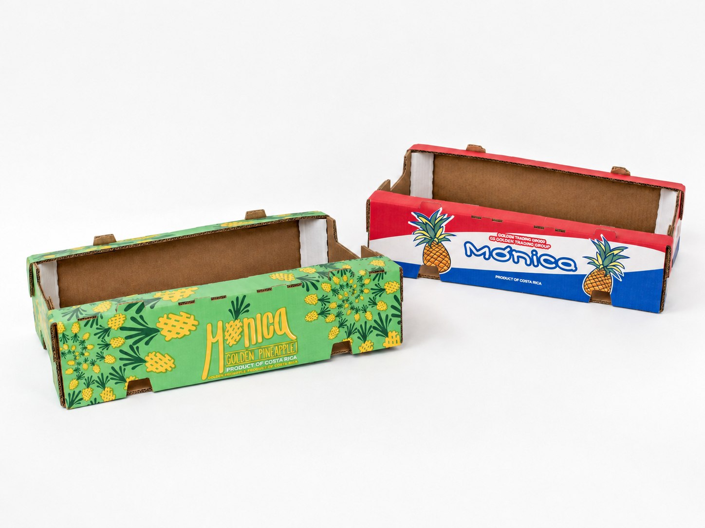 Cajas Mónica Verde y Mónica Roja para piña fresca